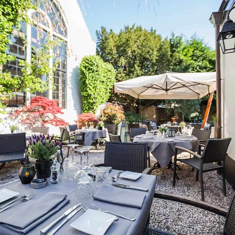 Het Heerenterras met parasol, lavendel en een rode esdoorn